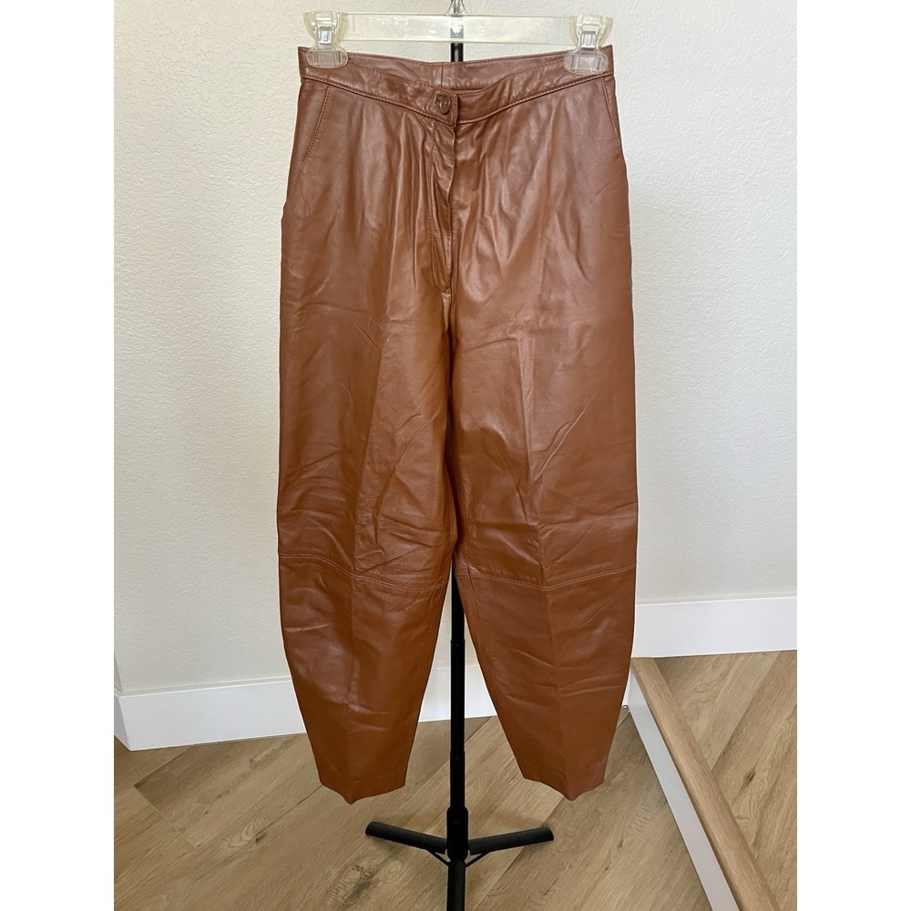 Vintage Ann Taylor Genuine Leather Pants High Waisted Tapered Cognac Brown 4